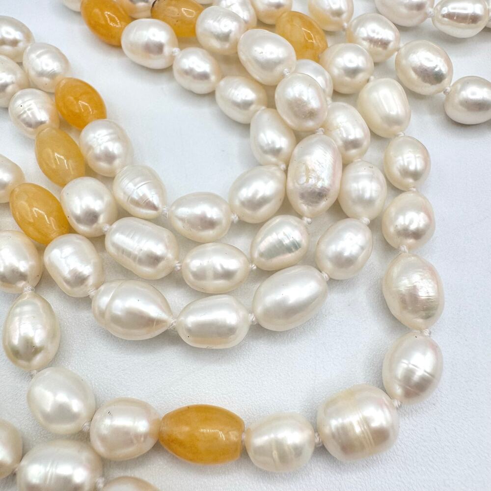 Flapper Length Cultured Pearl and Peach Gemstone Necklace Knotted Beachy Summery - Picture 11 of 16